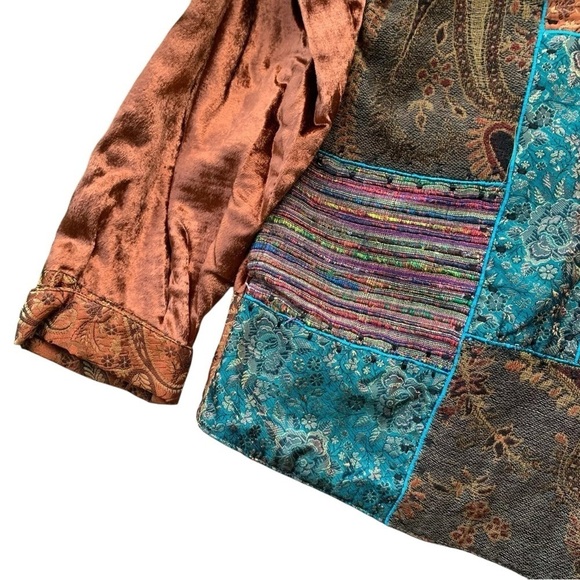 Coldwater Creek Patchwork Tapestry Velvet Buttoned Jacket Brown Teal Size M - Picture 4 of 7